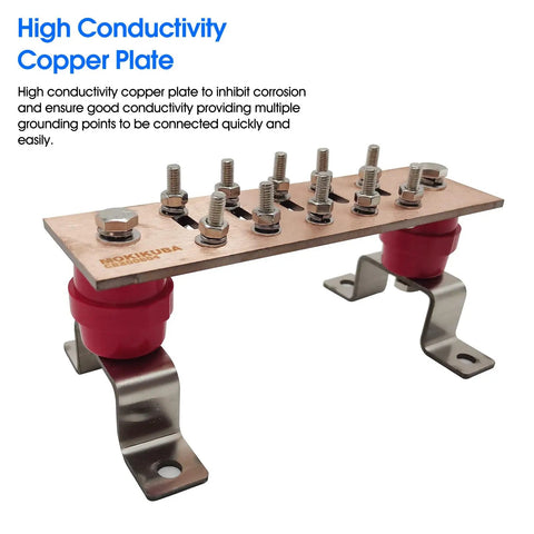 Heavy Duty Copper Ground Bus Bar Kit 7.88 Inch By 2.36 Inch By 0.157 Inch With One Quarter Inch Terminal Positions, Includes Brackets
