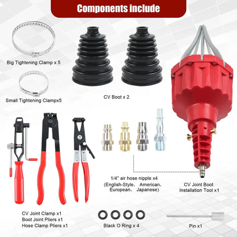 Components of Universal Pneumatic CV Joint Boot Installation Tool Kit With Expander Rod for Auto Repairs