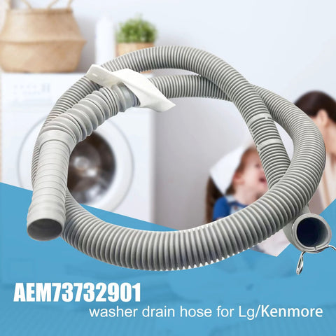 Washer drain hose, gray corrugated plastic, for LG/Kenmore washers (front view)
