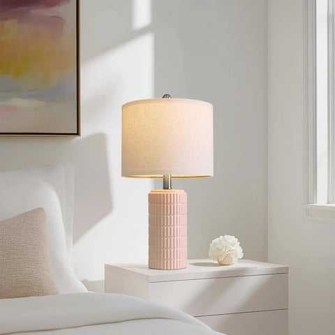 Set Of 2 24.75 Inch Ceramic End Table Lamps For Living Room Bedroom Office Farmhouse Cozy Decor With Linen Drum Shades Modern Contemporary Nightstand Lamps in bedroom setting