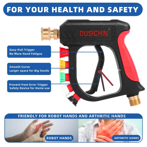 Pressure washer gun with easy-pull trigger and ergonomic grip, safe for robotic and arthritic hands.