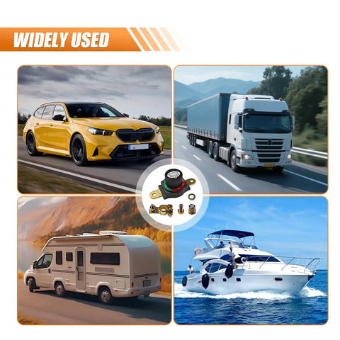 Built Like A Tank Heavy Duty Brass Battery Disconnect Switch Top Post Negative Terminal Power Cut Off With Removable Waterproof Knob For Cars Rv Atv And Boats in various vehicle settings.