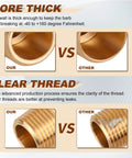 5 Pack 1/4 Inch Barb To 1/8 Inch NPT Male 90 Degree Brass Hose Barb Fittings For Tight Seal And High Pressure Up To 300 PSI, Durable Brass Tubing Fittings For Hoses, Air Lines, And Fluid Plumbing Projects., brass elbow fitting close-up showing thicker wall and clear threads