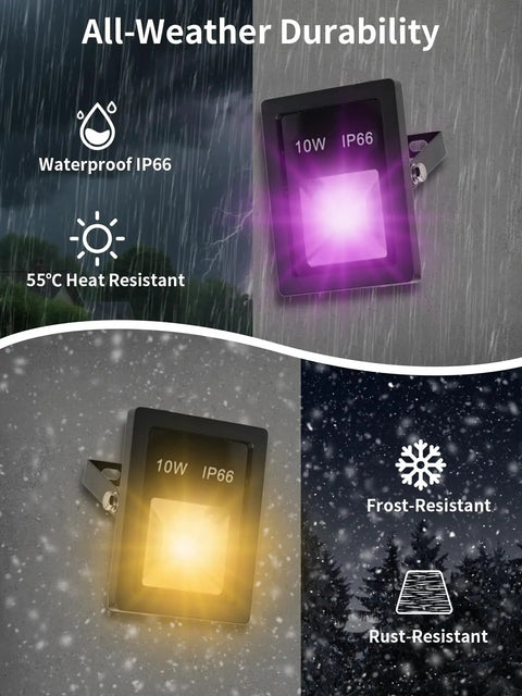 Outdoor RGB LED Flood Lights 10W Waterproof Security Lights With Remote US Plug 120 Degree Beam Color Changing Memory