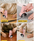 Punomo Cordless Electric Box Cutter With Rechargeable All Copper Motor cutting cardboard, carpet, leather, and fabrics, versatile tool.
