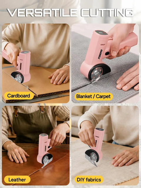 Punomo Cordless Electric Box Cutter With Rechargeable All Copper Motor cutting cardboard, carpet, leather, and fabrics, versatile tool.