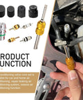 16 Piece Car AC Valve Core Repair Kit For R134a R12 Systems With High And Low Pressure Sealing Caps And Disassembly Tool Universal Fit For Cars Black And Durable shown in use.