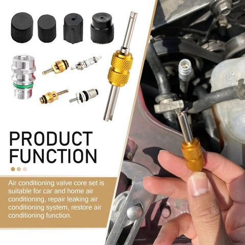 16 Piece Car AC Valve Core Repair Kit For R134a R12 Systems With High And Low Pressure Sealing Caps And Disassembly Tool Universal Fit For Cars Black And Durable shown in use.