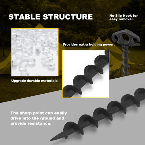 Heavy Duty Screw In Tent Stakes 9.4 Inch Ground Anchors 6 Pack showing spiral design and material close-up.