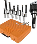 Beefed-Up 12 Piece R8 Shank Carbide Boring Head Set For Bridgeport Milling Machines, kit with steel boring bars and orange case