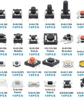 240 Piece Micro Momentary Tactile Push Button Switches Assortment Kit With 24 Value Options, black switches shown in size variation.