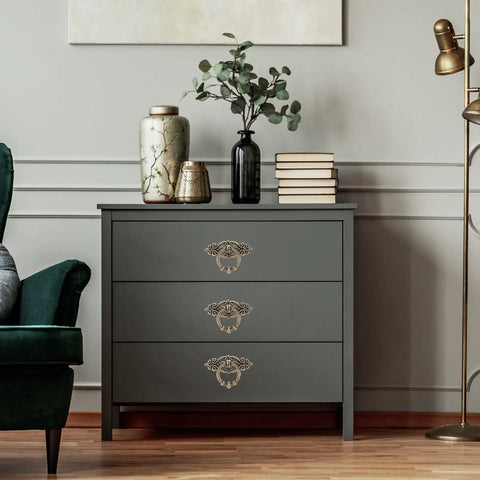 Antiqued brass cabinet pulls on gray dresser, highlighting Gotta Love The Vintage Charm On These Antiqued Brass Cabinet Pulls Super Tough Zinc Alloy Drawer Handles To Spruce Up Your Home And Kitchen Solid Build Ten Piece Set Includes Screws.