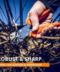 Heavy Duty Anvil Pruner For Gardening Beefy Hedge Trimmer And Pruning Shears Handheld Garden Tool With Long Lasting Carbon Steel Blade And Corrosion Resistant Coating Made In Germany being used on a branch