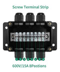 IP67 Waterproof Dustproof Electrical Junction Box With 15A 600V Barrier Terminal Cable Connector, interior view with 8 screw terminals