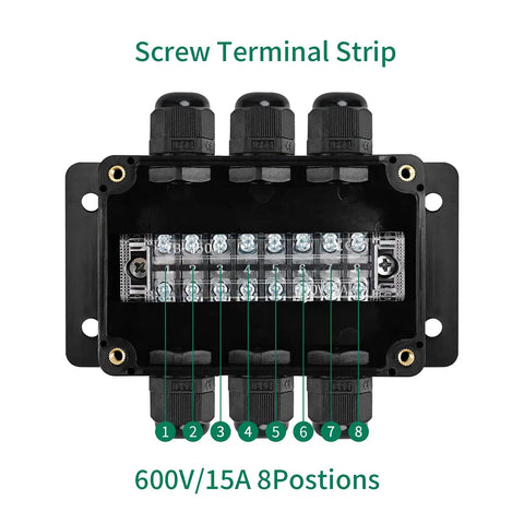 IP67 Waterproof Dustproof Electrical Junction Box With 15A 600V Barrier Terminal Cable Connector, interior view with 8 screw terminals