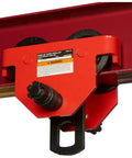 Red adjustable push trolley for I beam tracks with 2200 lbs capacity, fits 3-8 inch wide beams, curved or straight tracks