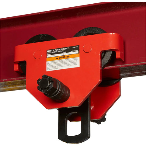 Red adjustable push trolley for I beam tracks with 2200 lbs capacity, fits 3-8 inch wide beams, curved or straight tracks