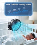 20000mAh 8 Inch Portable Clip On Fan With Lights Battery Powered USB Desk Personal Quiet Fan shown above a sleeping baby in crib