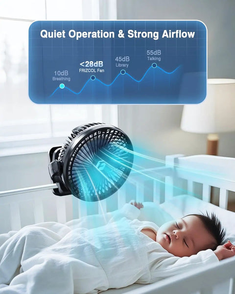 20000mAh 8 Inch Portable Clip On Fan With Lights Battery Powered USB Desk Personal Quiet Fan shown above a sleeping baby in crib