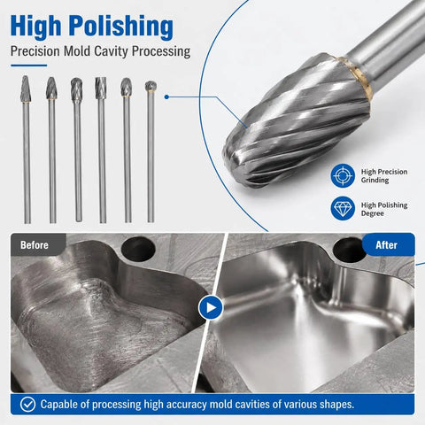 Badass Tungsten Carbide Cylinder Head Porting Kit With Die Grinder Rotary Burr Bits showcasing high polishing burrs for mold cavity processing.