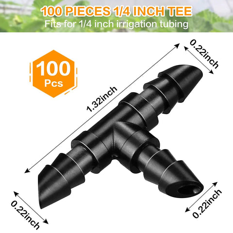 Barbed Drip Irrigation Tee Fittings Kit for Quarter Inch Tubing, 100 Pieces, Sharp End T Connectors shown with dimensions