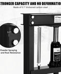 Close-up of Beefy 12 Ton Hydraulic Press For Metalworking And Auto Repairs With H Frame and carbon steel durability features.