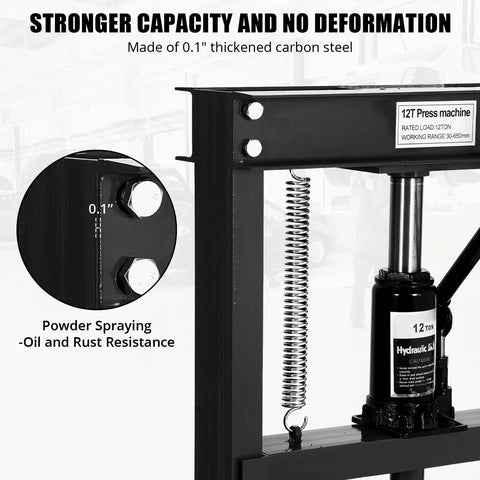 Close-up of Beefy 12 Ton Hydraulic Press For Metalworking And Auto Repairs With H Frame and carbon steel durability features.