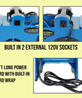 Close-up of blue Industrial Air Mover 300 CFM with 3 speed settings, showing 2 built-in outlets and 9-ft power cord with wrap