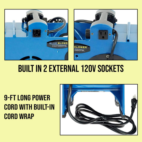 Close-up of blue Industrial Air Mover 300 CFM with 3 speed settings, showing 2 built-in outlets and 9-ft power cord with wrap