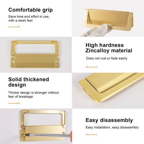 Flush Mount Zinc Alloy Cabinet Drawer Handles Hidden Concealed Pulls With Screws Gold Finish 3.78 Inch Durable Hardware Details
