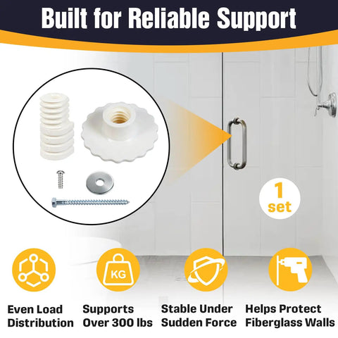 Universal Grab Bar Mounting Kit For Fiberglass Showers With Adjustable Spacers Compatible With Major Brands Easy No Sweat Wall Install Heavy Duty Safety Hardware Set components with screws and spacers.