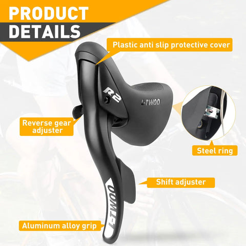 Close-up of Road Bike Shift Lever 2x7 Speed Shifter With Brake Levers For Crisp Gear Changes, featuring ergonomic aluminum grip and shift adjuster.