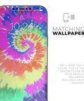 Spiral Tie Dye Full Body Skin Decal Wrap Kit For iPhone 13 with screen trim shown on phone with matching wallpaper
