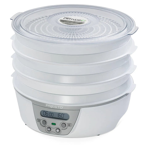 Smooth Operator Digital Electric Food Dehydrator With Stackable Trays showing 6 stackable trays and an adjustable digital thermostat.