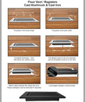 Illustration showing 8x14 Inch Cast Aluminum Floor Register With Tudor Mushroom Design HVAC Vent Cover Black Finish details