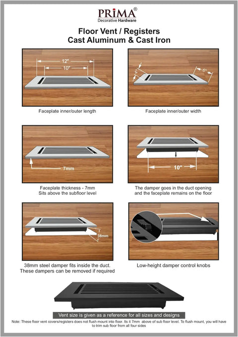 Illustration showing 8x14 Inch Cast Aluminum Floor Register With Tudor Mushroom Design HVAC Vent Cover Black Finish details