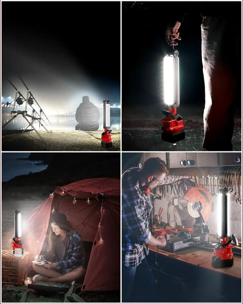 Milwaukee 18V Compatible LED Work Light 30W 2400LM illuminating outdoor campsites, garages, and job sites in various settings
