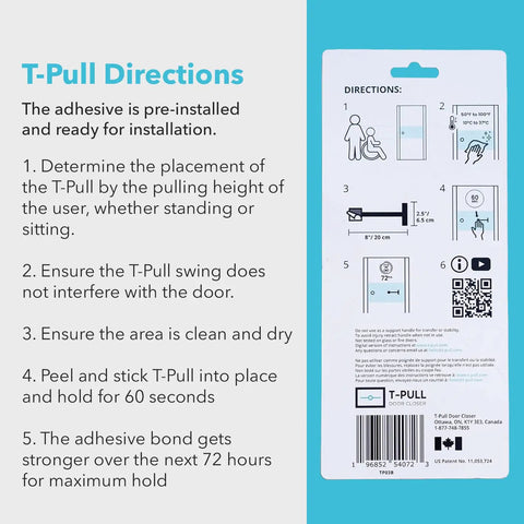 Back of packaging showing installation directions for Accessible TPull Door Closer With Easy Grip Swiveling Handle For Interior Or Exterior Doors