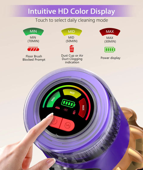 Game Changing Cordless Vacuum Cleaner With Killer Fifty Five Kpa Suction And Heavy Duty Six Hundred Watt Brushless Motor display panel showing modes.