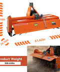 Workhorse 53 Inch 3 Point Rotary Tiller Attachment with PTO Drive and adjustable tines, displayed at multiple angles with dimensions.
