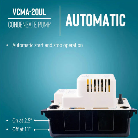 VCMA-20UL 230V Automatic Condensate Removal Pump For HVAC Refrigeration And Dehumidifiers With No Fuss Install, side view