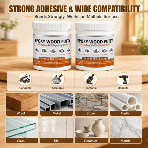 Two containers of Tough As Nails Epoxy Wood Putty And Hardener Blend 250g each for repairing multiple surfaces.