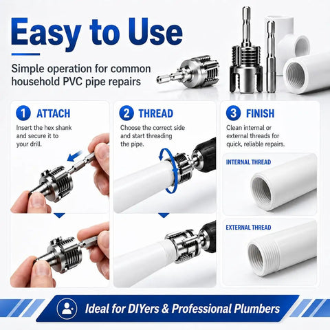 DIY PVC Pipe Threading Kit For Drill With Tape Internal And External Threading Tool One Half Inch Three Quarter Inch One Inch NPT For PVC CPVC ABS Pipes Pipe Thread Cutting And Repair For Home And Garden Irrigation, drill attachment