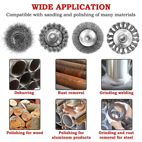 Four And One Half Inch Angle Grinder Wire Wheel Set With Six Packs Including Three Inch And Four Inch Cup And Wheel Brushes Coarse Crimped And Knotted Styles For Heavy Duty And Light Duty Five Eighths Inch Eleven Threaded Arbor Pro Grade DIY Ready showcasing wide application for metal, wood, and steel.