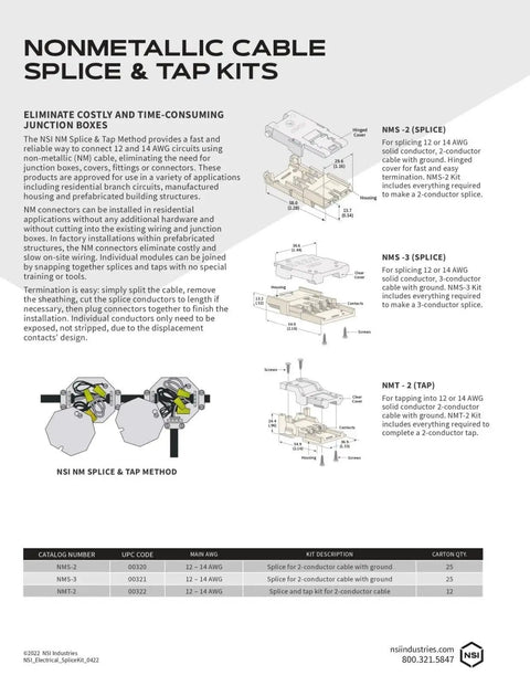 Non-Metallic Cable Splice Box For 12 To 14 AWG Three-Conductor Cable With Ground, NMS-3 diagram page, in-wall wiring solution.