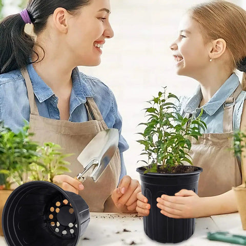 Value Pack Of 120 Pcs 1 Gallon Plastic Plant Nursery Pots With Drainage Holes shown in use for home gardening