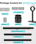 Package contents for Extra Long Black Curtain Rod 240 Inches Heavy Duty 1 Inch Metal Drapery Rod with fittings and brackets.