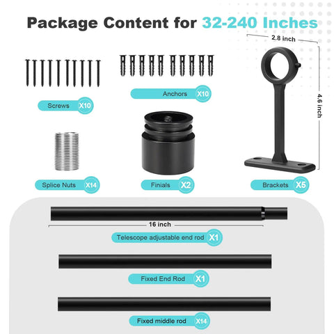 Package contents for Extra Long Black Curtain Rod 240 Inches Heavy Duty 1 Inch Metal Drapery Rod with fittings and brackets.