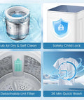 Compact Fully Automatic Washing Machine With Drain Pump 7 Wash Settings 4 Water Levels Portable Laundry showing lint filter, child lock, and quick wash feature.
