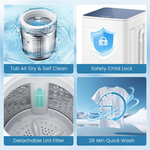 Compact Fully Automatic Washing Machine With Drain Pump 7 Wash Settings 4 Water Levels Portable Laundry showing lint filter, child lock, and quick wash feature.